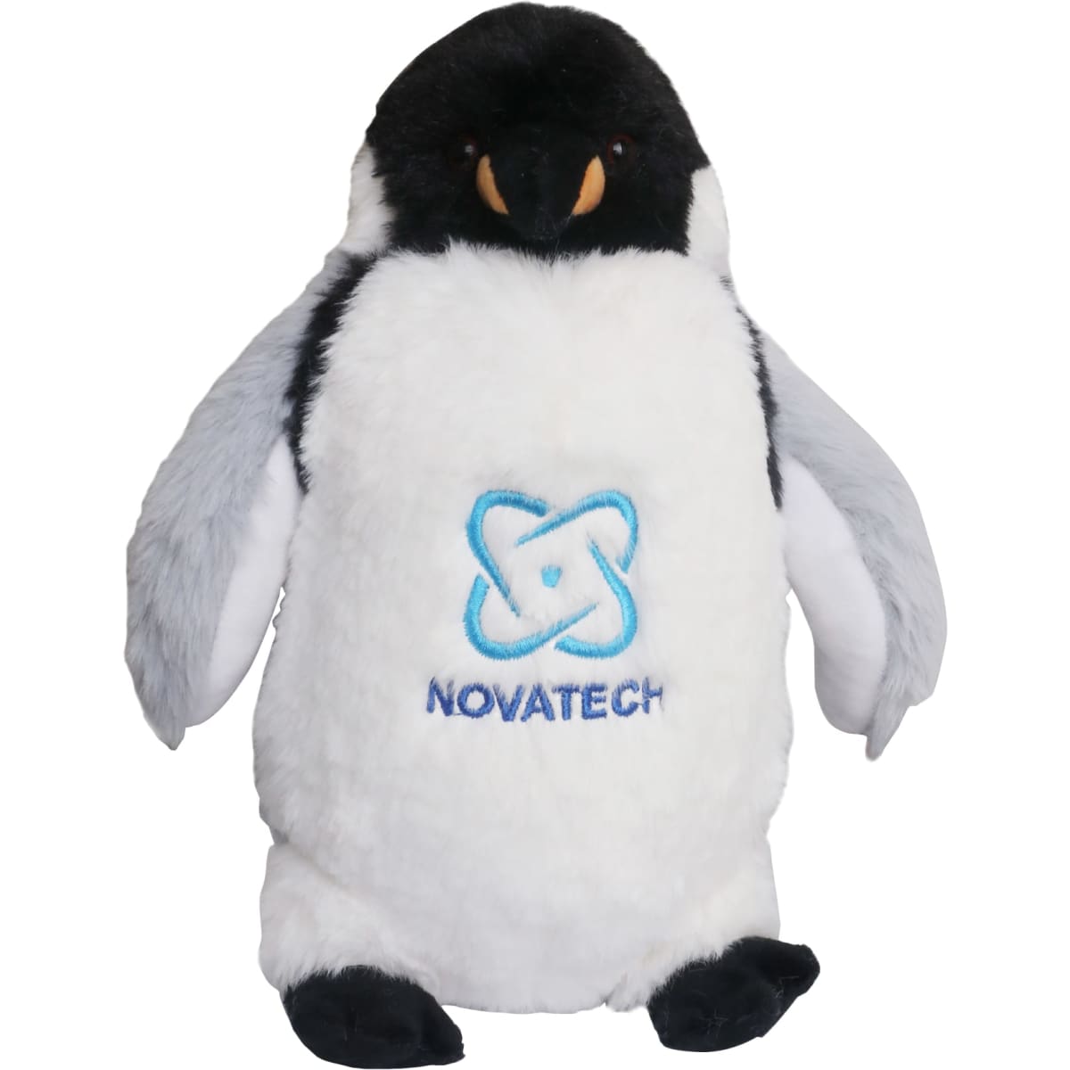 A custom penguin plush toy in black, white, and grey, featuring an embroidered logo on its belly.