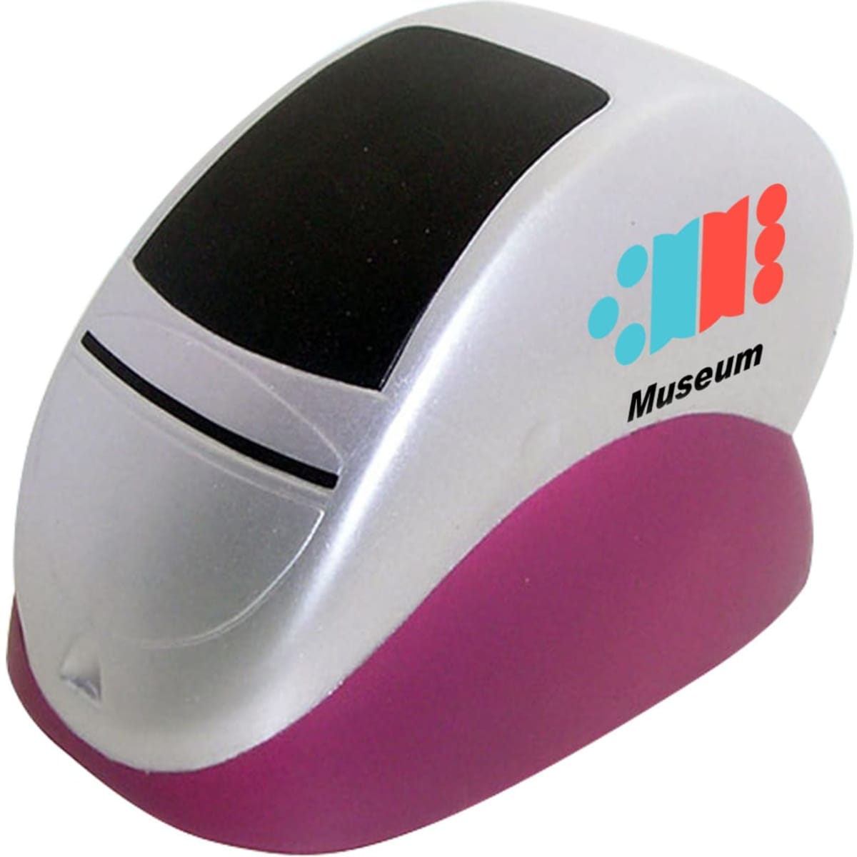 A stress reliever shaped like a stapler, featuring a purple base and a silver top, with a logo on the side.