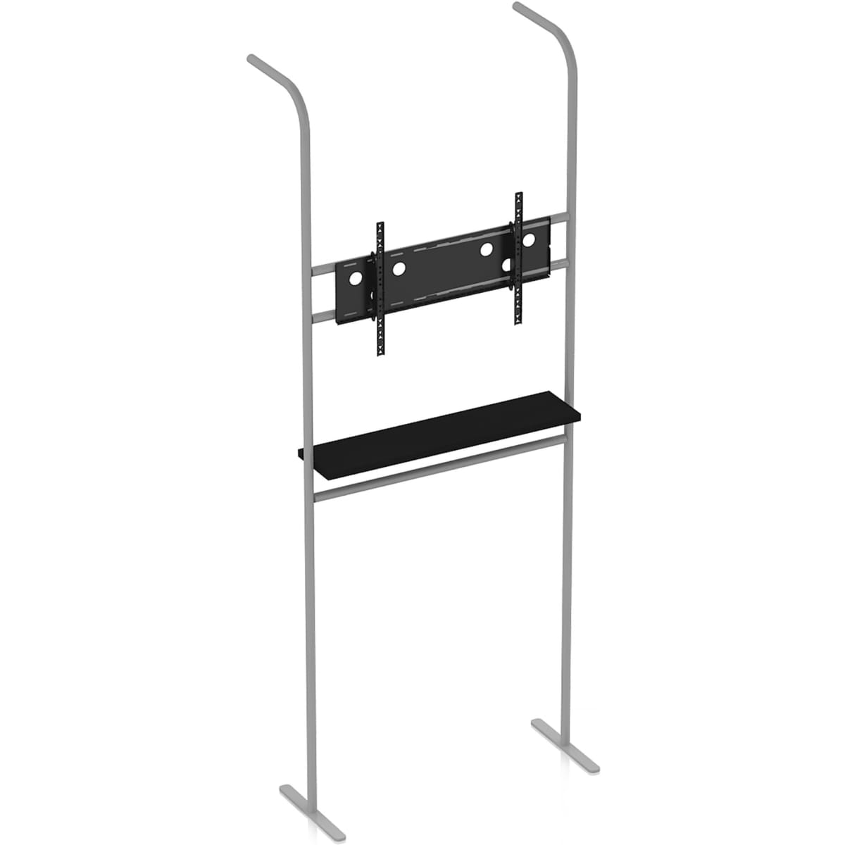 A grey monitor mount and shelves stand with a black shelf, designed for exhibitions and events.