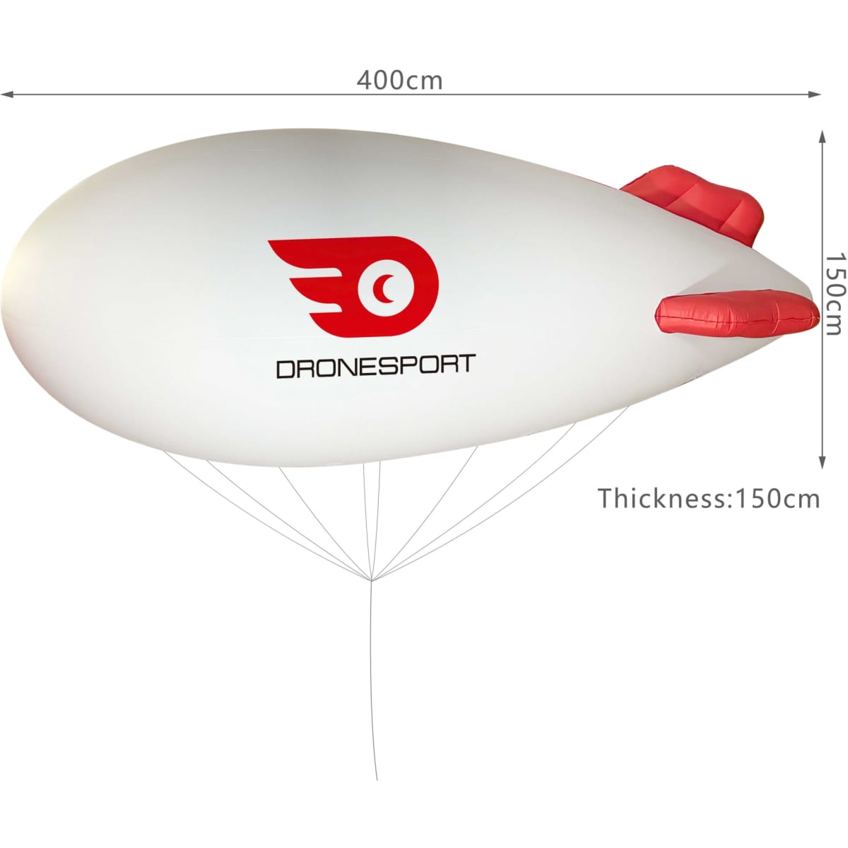An inflatable blimp in white and red, featuring a logo, measuring 400cm long and 150cm wide.