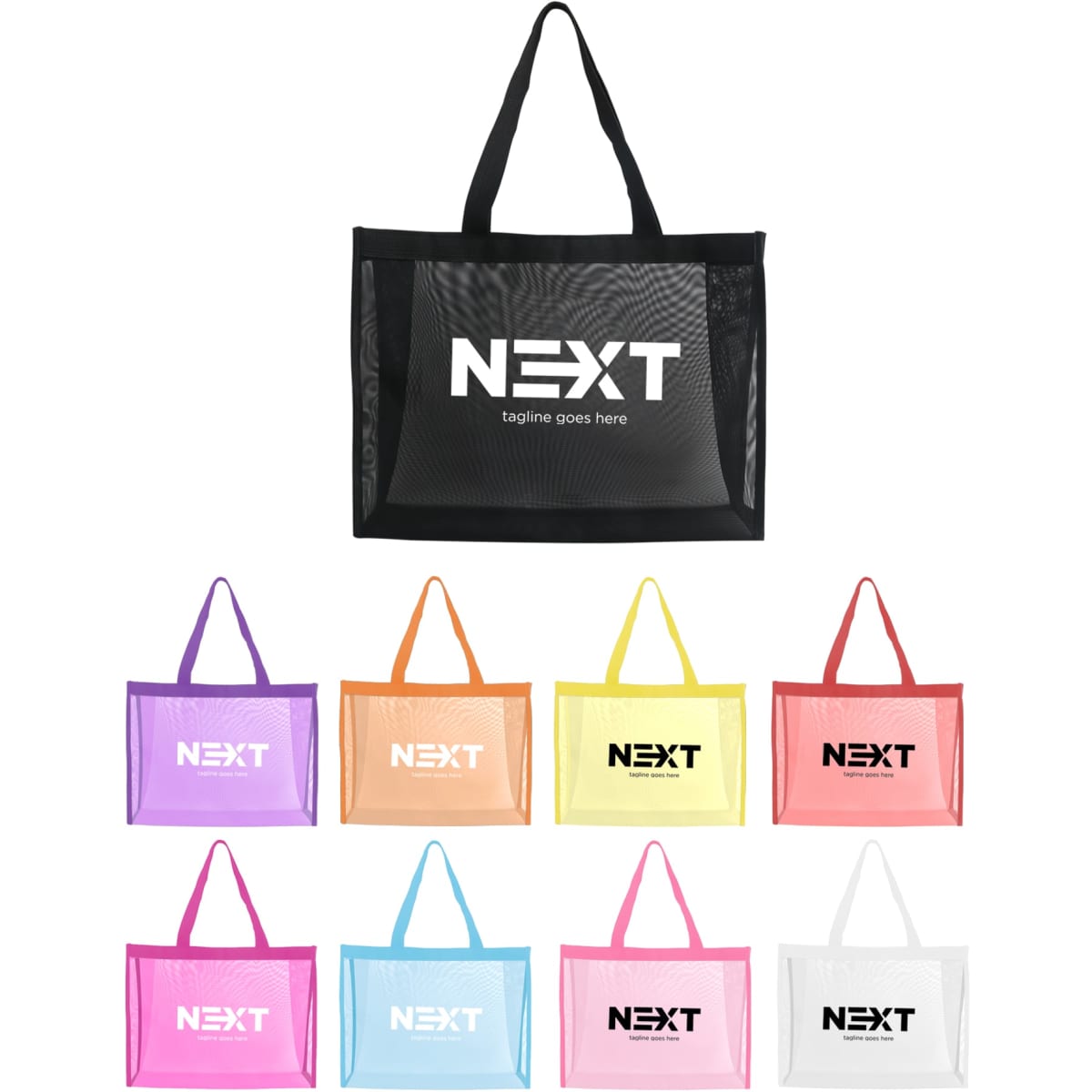A black transparent mesh tote bag with a logo, surrounded by tote bags in purple, pink, yellow, and orange.
