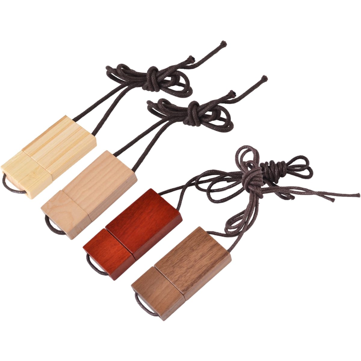 Four wooden string flash drives in light wood, dark wood, and red wood, each with a tied string.