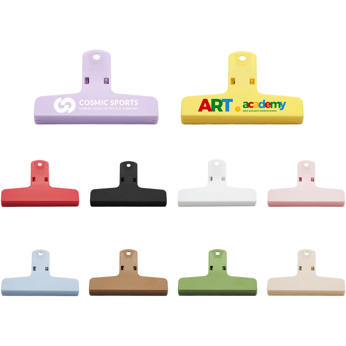 Ten plastic clips in various colours, including purple, red, black, white, pink, brown, and green, arranged in two rows.