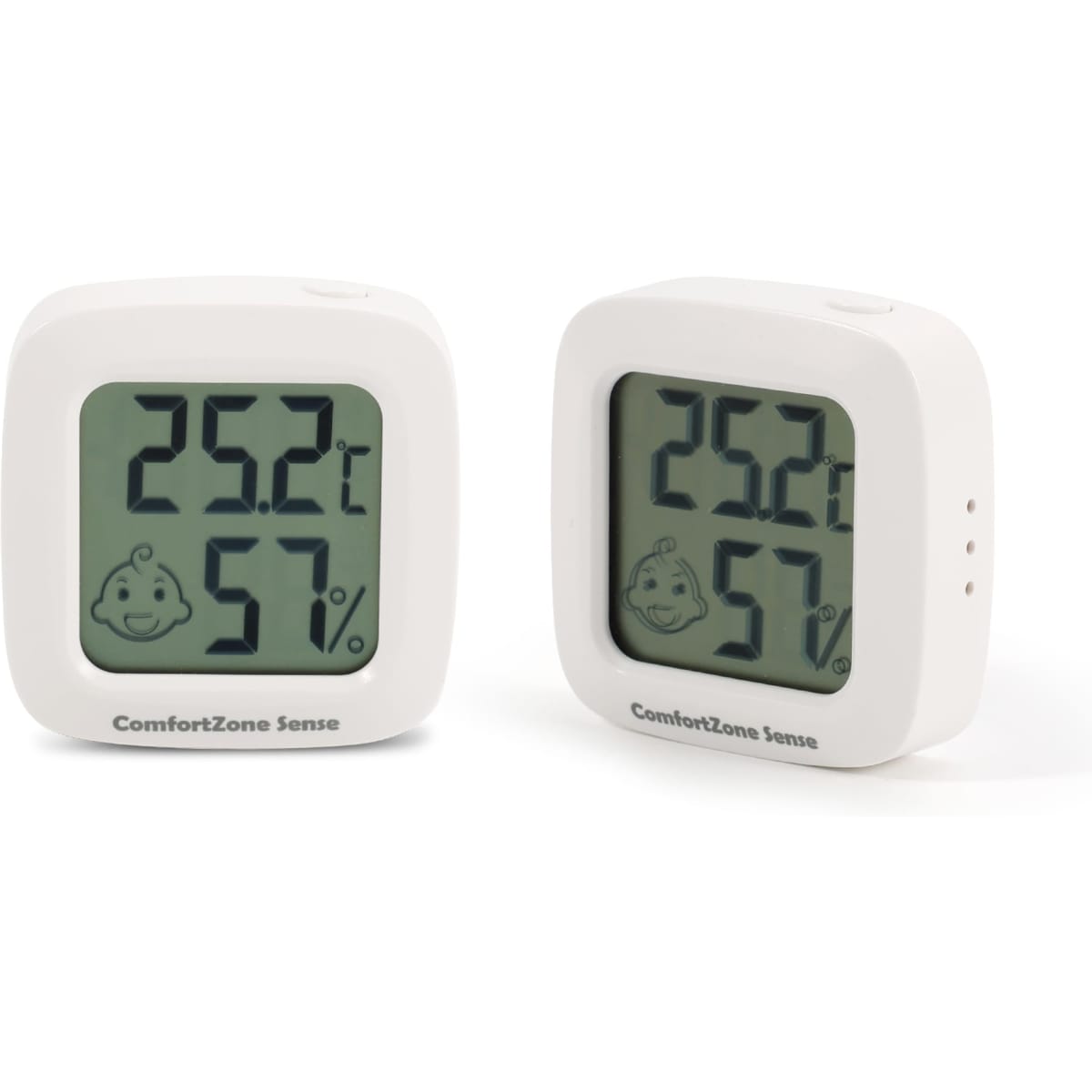 A mini digital thermometer in white, displaying temperature and humidity readings on a large screen.
