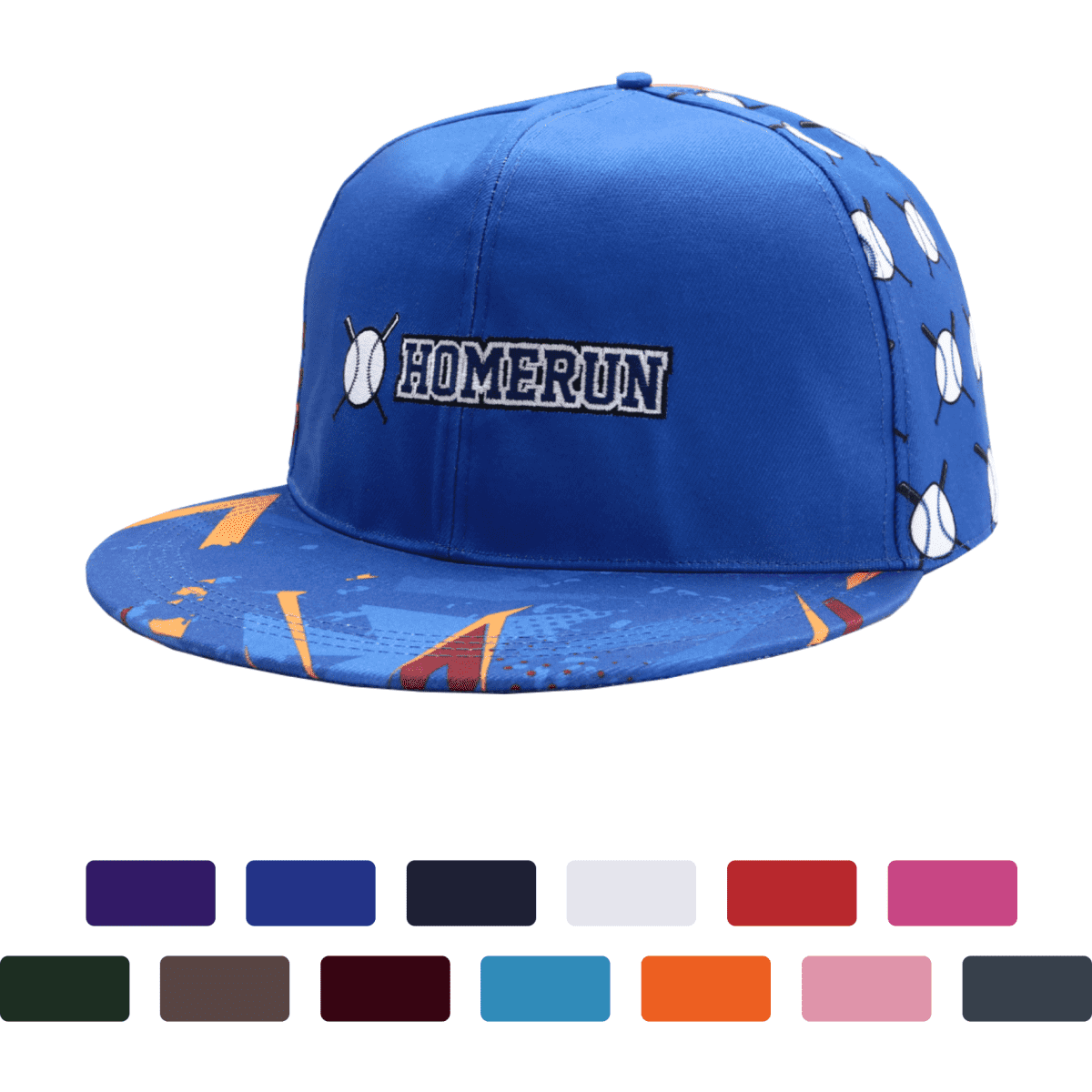 A blue baseball cap featuring a pattern of baseballs and a logo, available in multiple colours below.