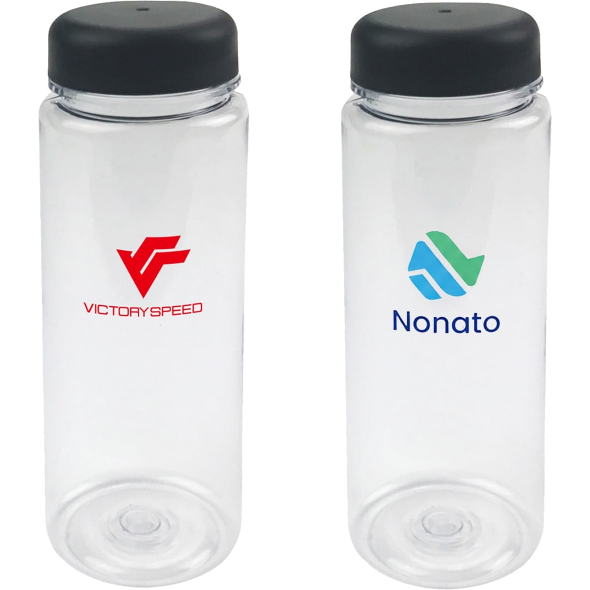 A drink bottle featuring a clear design with a black lid, showcasing two logos on its surface.