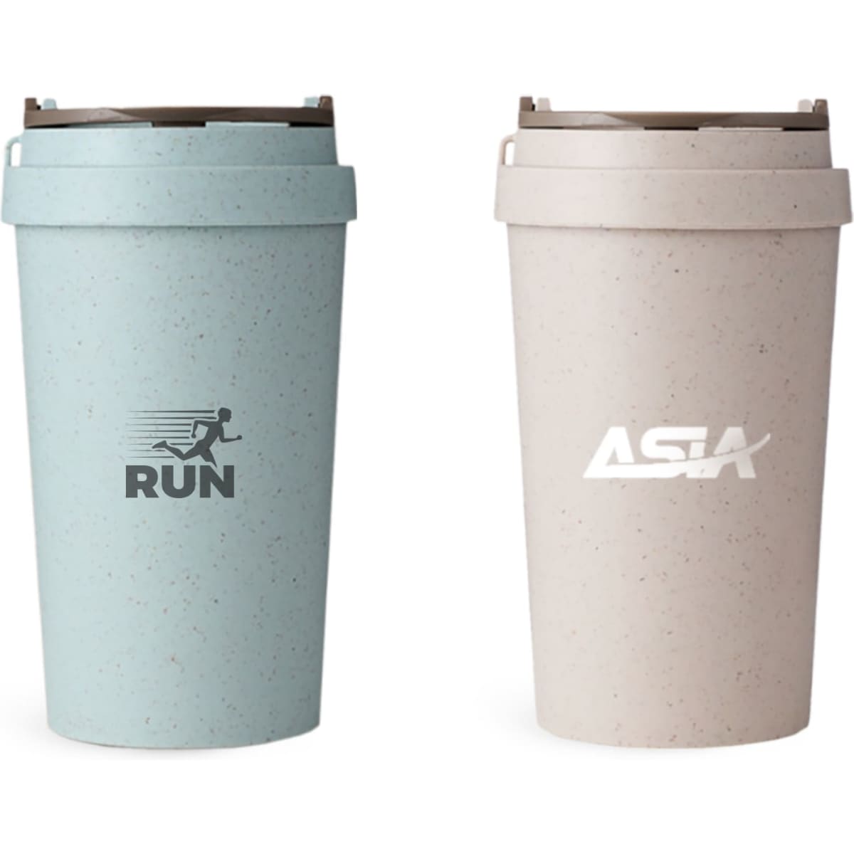 A drink bottle duo featuring a blue and a cream double wall wheat straw water cup, each with a logo.