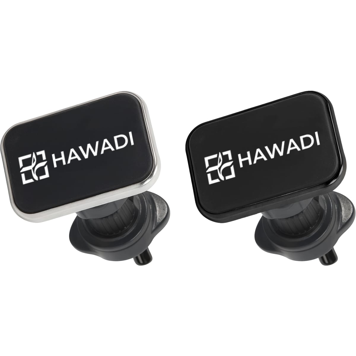 A square car hook bracket set in black and silver, featuring a logo on each piece.