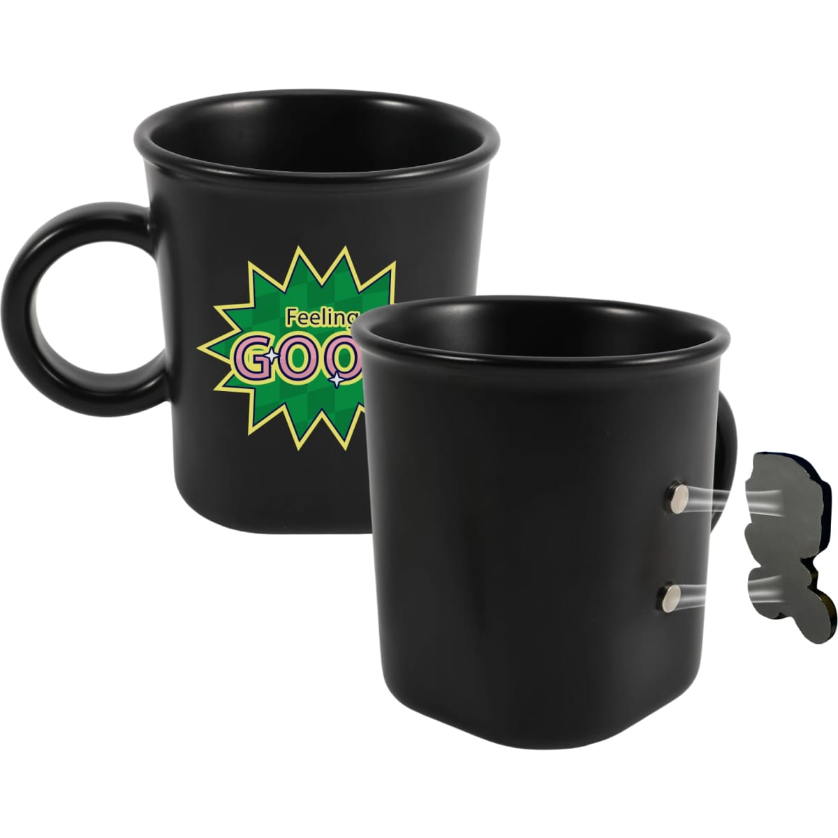 A black ceramic coffee mug with a handle and a logo, featuring a unique magnetic element.