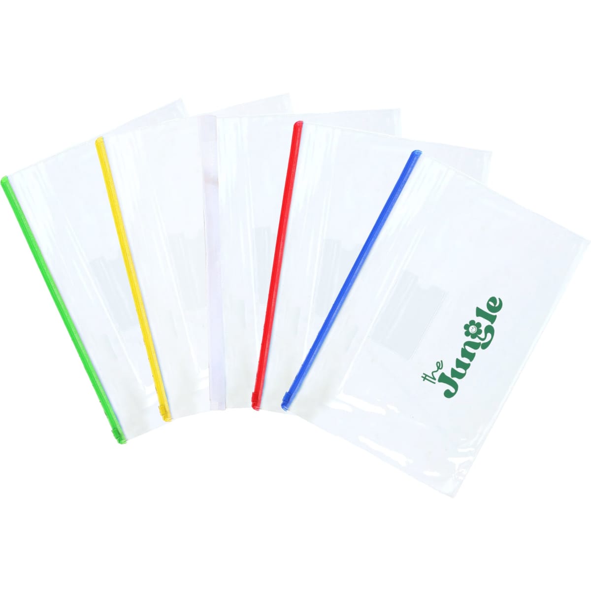 A collection of transparent A4 file bags in clear, with coloured tops in green, yellow, red, and blue. One bag features a logo.