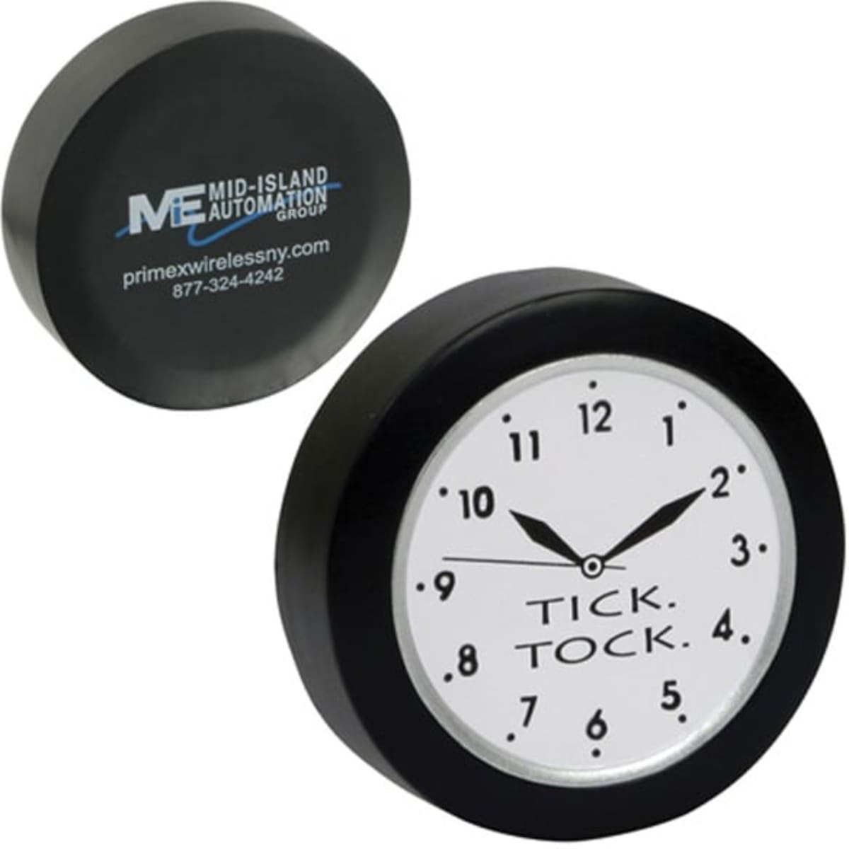 A black quart clock shape stress reliever with a white clock face and black numbers. It features a logo on the back.