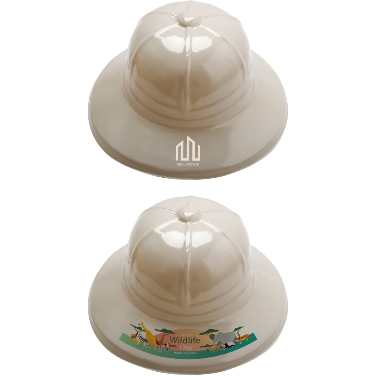 A beige PVC safari hat with a rounded crown and a wide brim, featuring a logo and a decorative band.