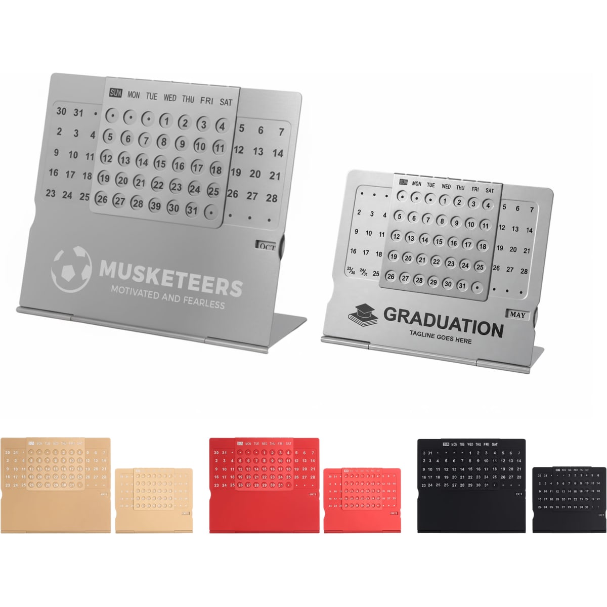 Two aluminium desk calendars in silver and various other colours, featuring multiple month and date options. Each has a logo.