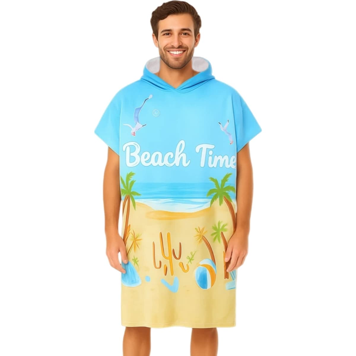 A blue and tan 100% cotton hoody towel surf poncho with a beach design and a logo.