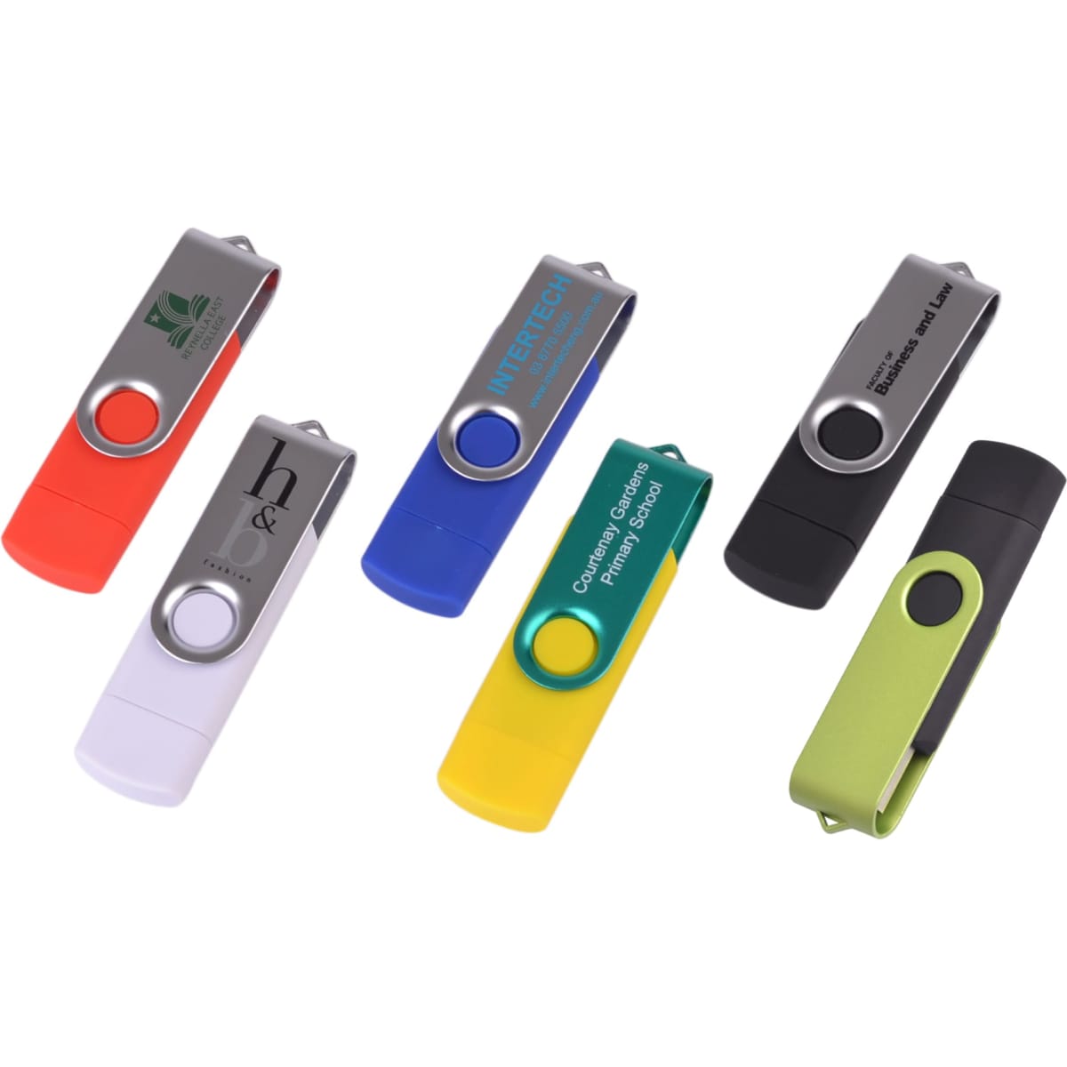 A collection of six double-end Belton Type C flash drives in colours including red, white, green, black, and yellow, featuring various logos.