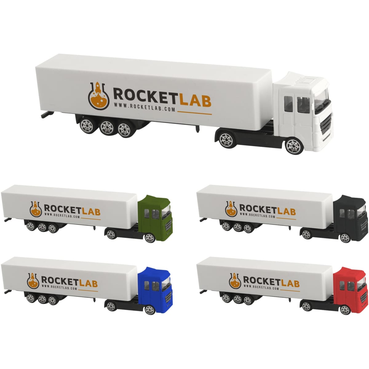 A collection of four miniature trucks in red, blue, green, and white, with a logo on the side of each.