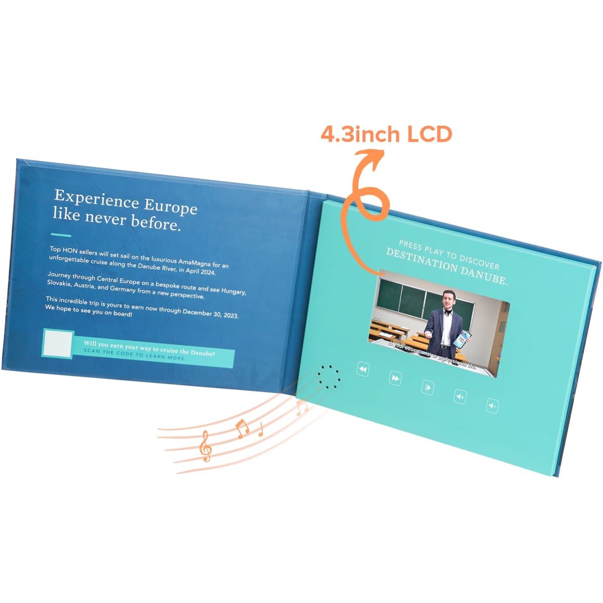 A 4.3-inch LCD video brochure features a blue and teal design, including a play button and sound symbol.