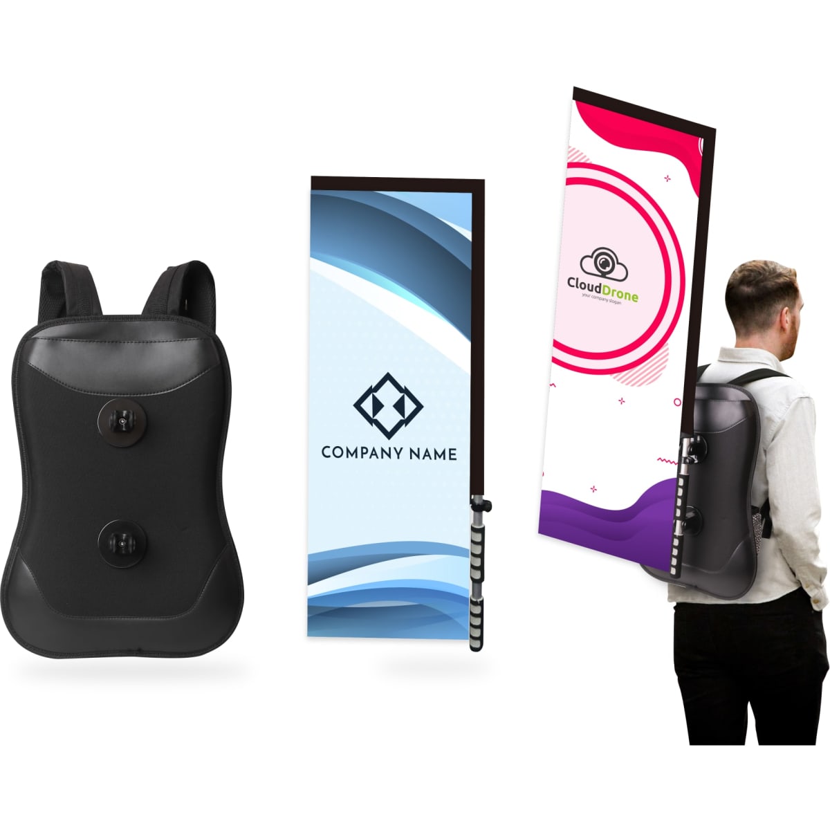 A black rectangle backpack with a flag attachment, featuring vibrant designs and a logo on the front.