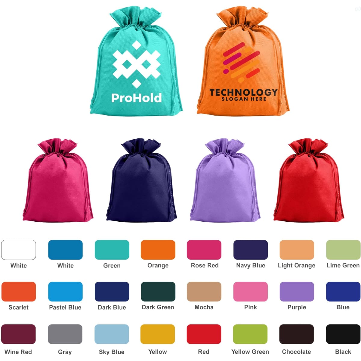 A collection of non-woven drawstring bags in various colours, including teal, orange, pink, purple, and more.