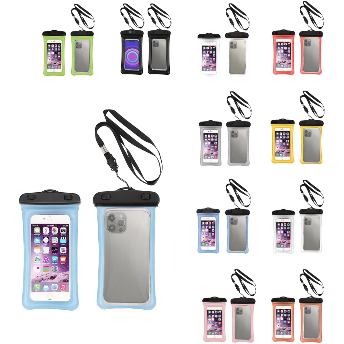 A collection of waterproof cellphone dry bags in various colours, featuring transparent fronts and adjustable straps.