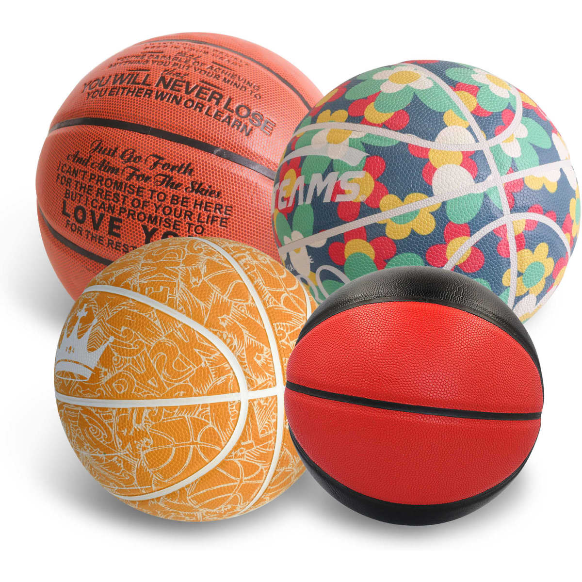 A selection of four basketballs in various colours, including orange, red, and patterned designs, featuring logos.