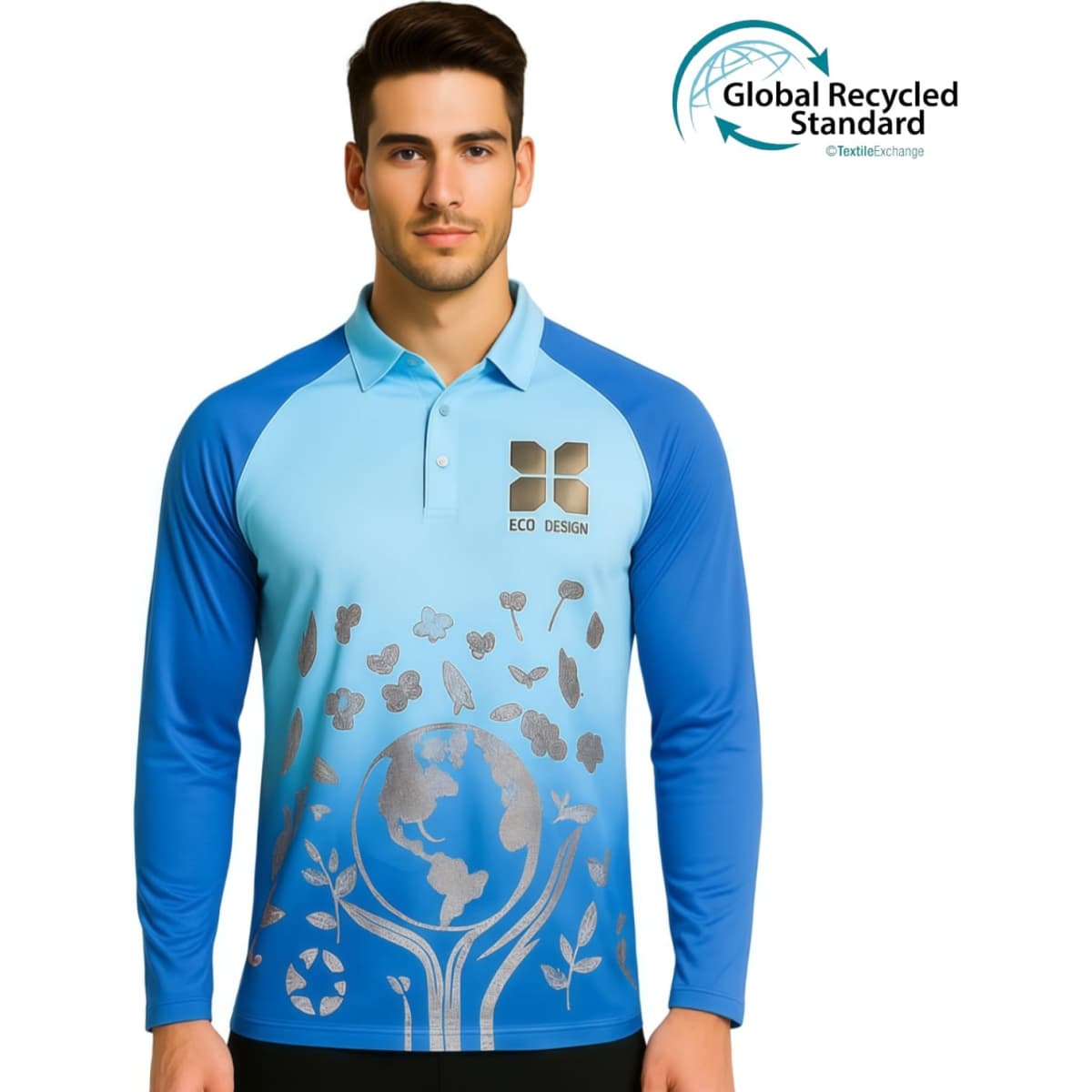 A blue and light blue unisex long-sleeve polo shirt featuring a nature-inspired design and a logo.