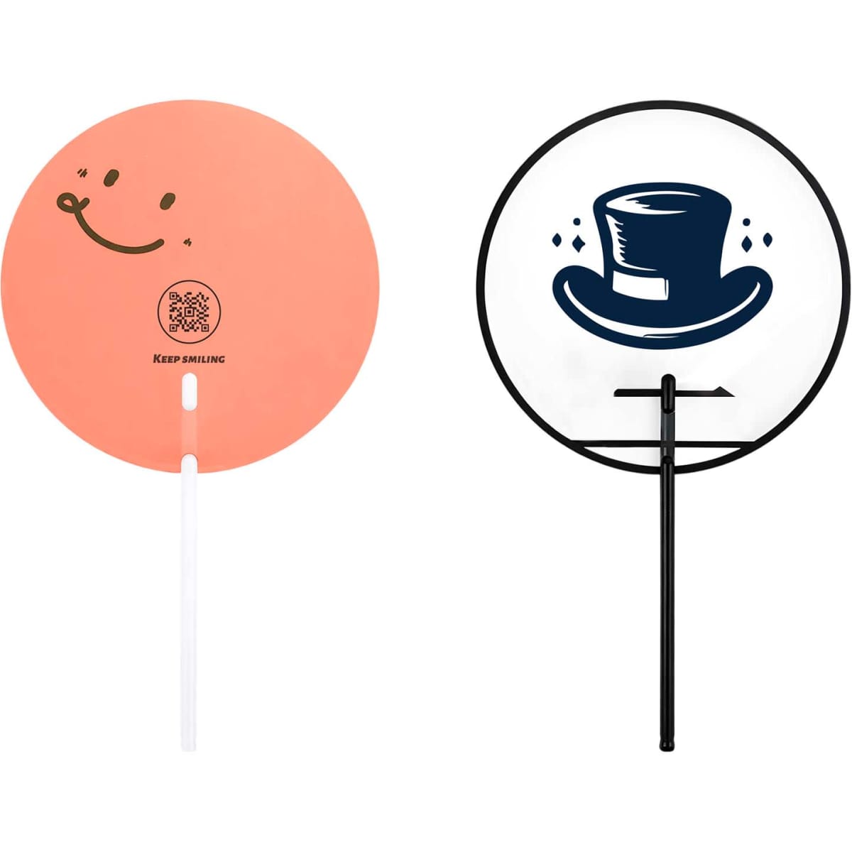 Two custom shape transparent PVC hand fans: one in peach with a smiley face, the other with a top hat design in black and white.