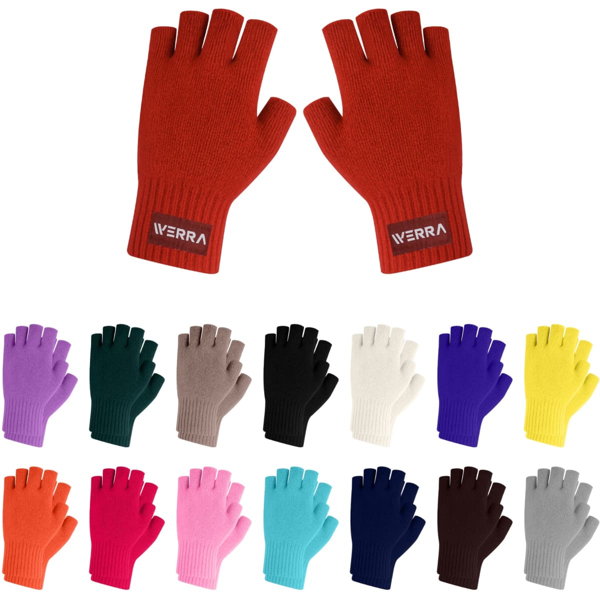 A pair of red knitted fingerless gloves with woven label, accompanied by a variety of gloves in multiple colours.