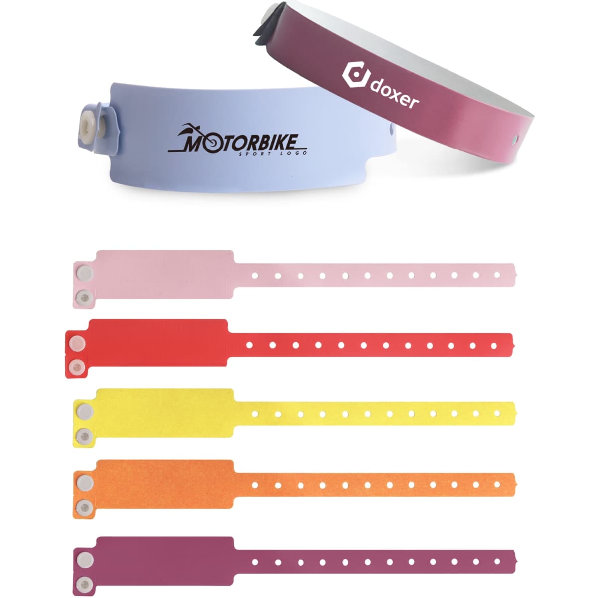 A collection of disposable PVC wristbands in various colours, including pink, orange, yellow, and a blue one with a logo.
