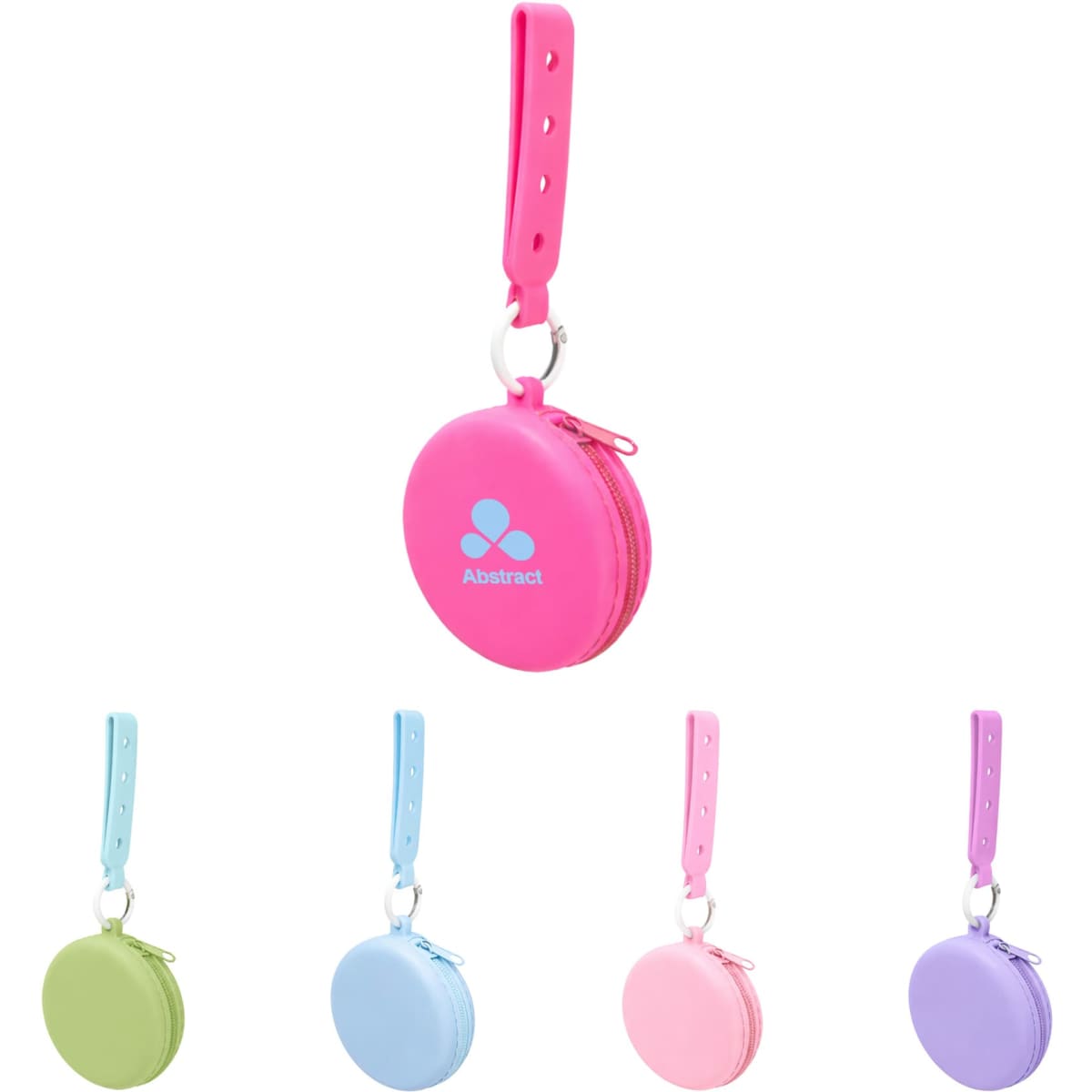 A collection of silicone pouches in pink, blue, and purple, each with a strap and a logo.