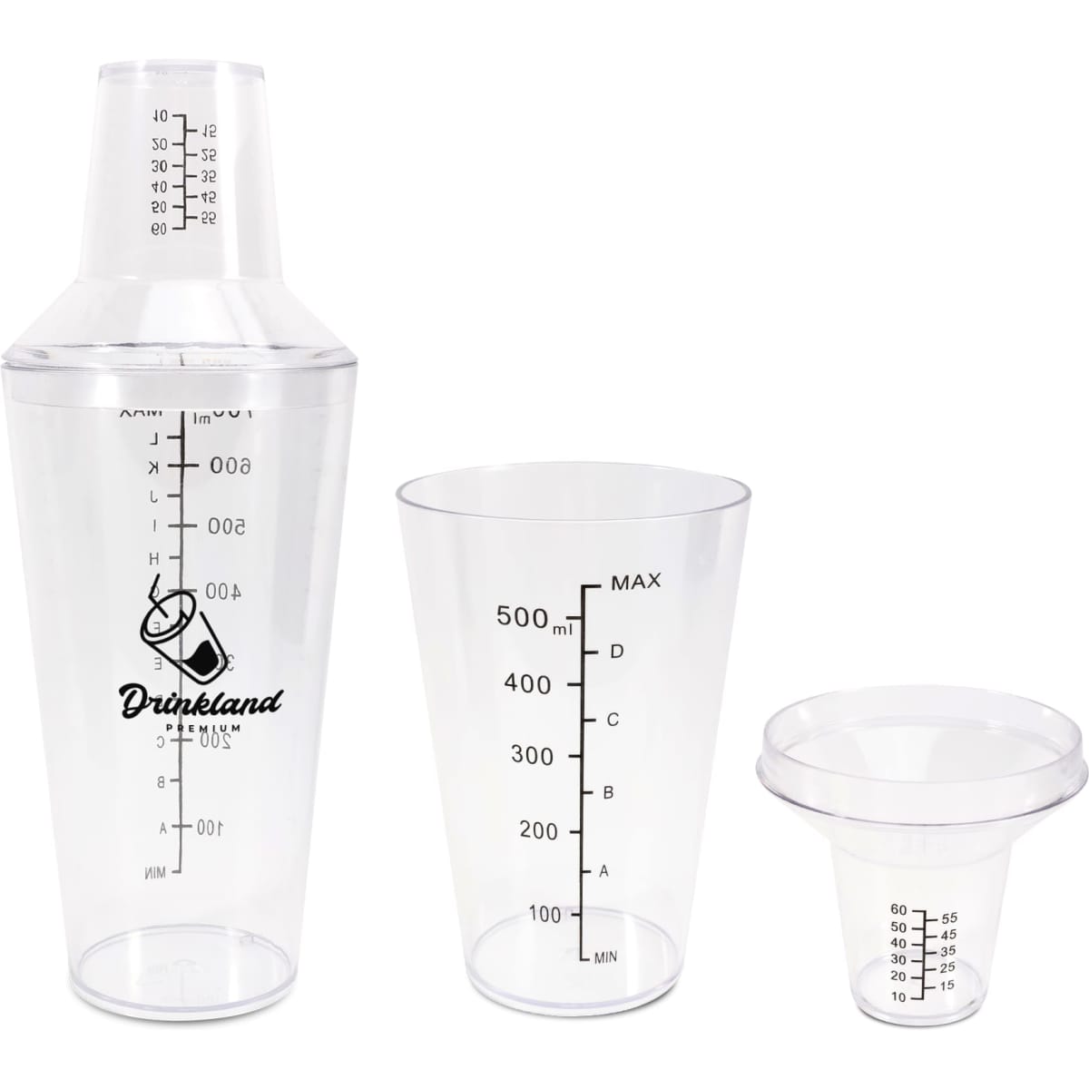 A drink bottle set featuring a clear shaker, measuring cup, and funnel, with a logo displayed on the shaker.