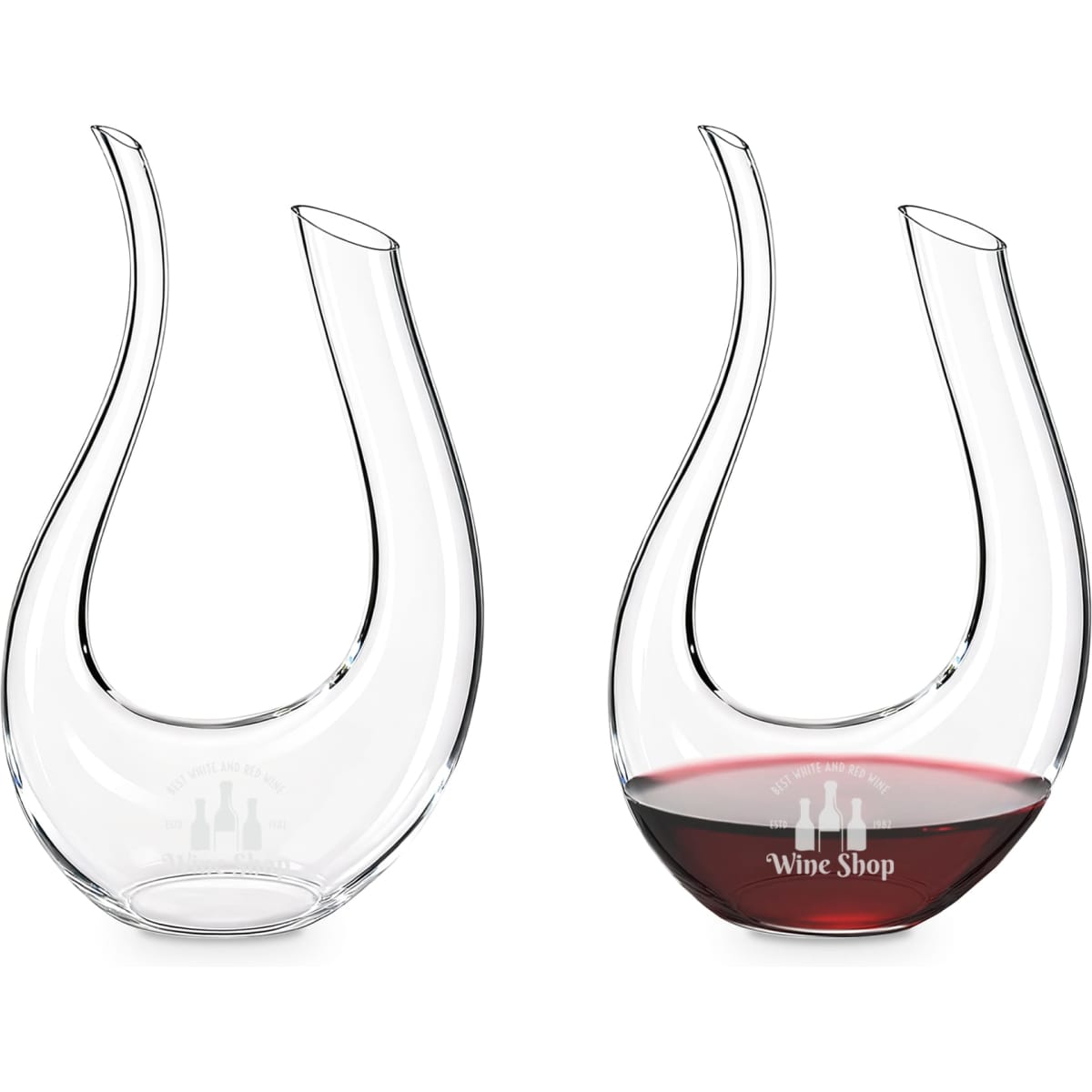 A U-shaped wine decanter made of clear glass, featuring a logo and filled with red wine.