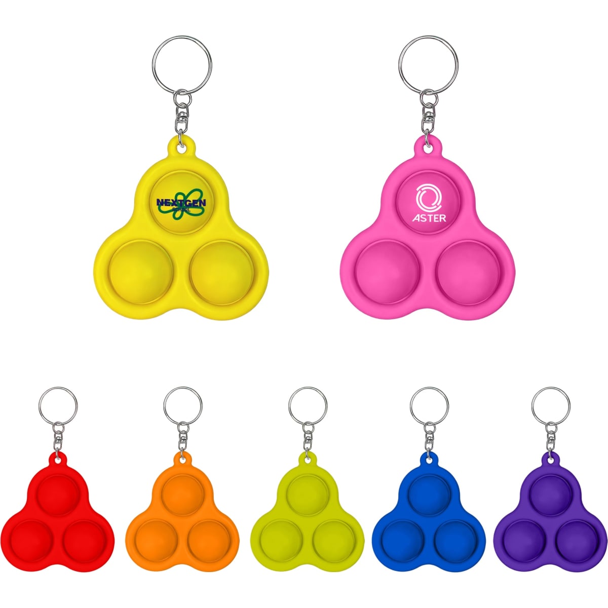 A trio of bubble-popping keychains in yellow, pink, orange, green, blue, and purple, each with a keyring attachment.