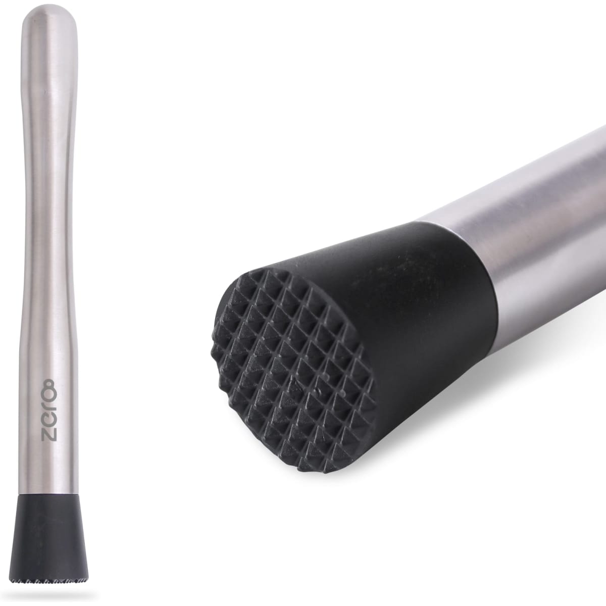 A long stainless steel cocktail muddler with a textured black rubber head and a sleek silver body, featuring a logo.
