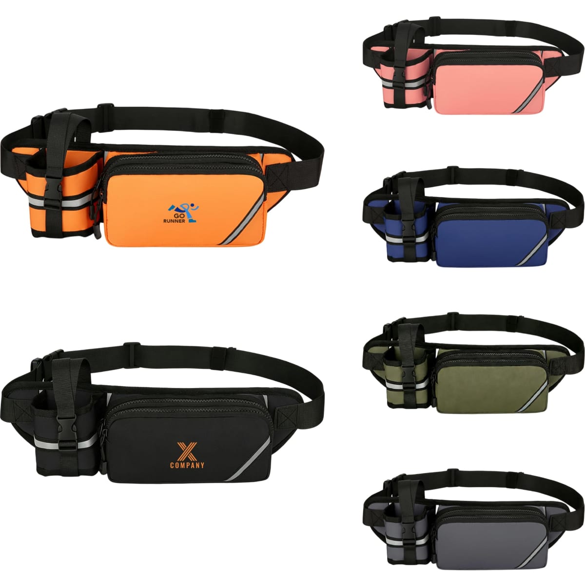 A drink bottle holder fanny pack in orange, pink, navy, black, and olive green with a logo.
