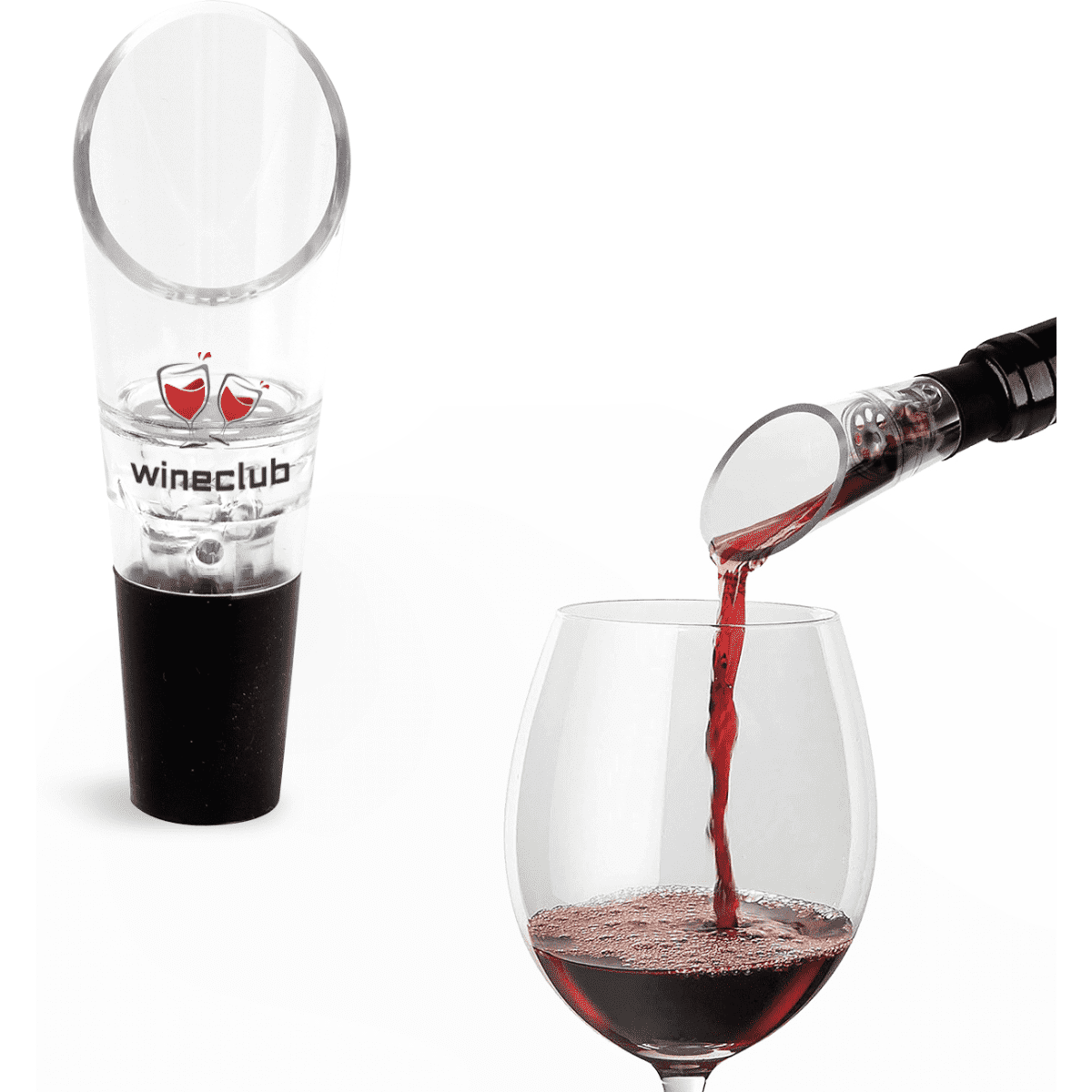 A wine aerator in clear plastic, pouring red wine into a glass, featuring a black base and a logo.