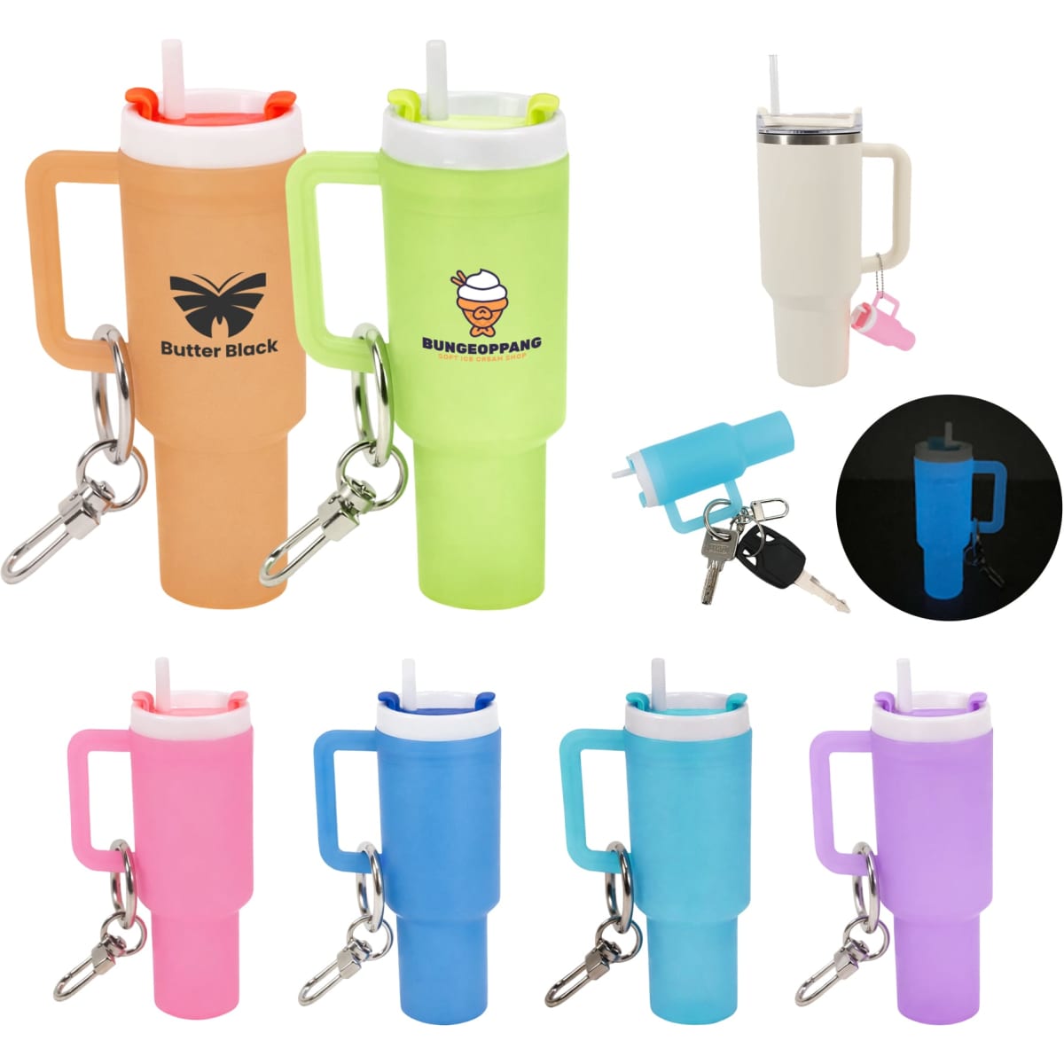 A mini tumbler keyring in various colours, featuring a straw, handle, and a logo, with a glow-in-the-dark option.