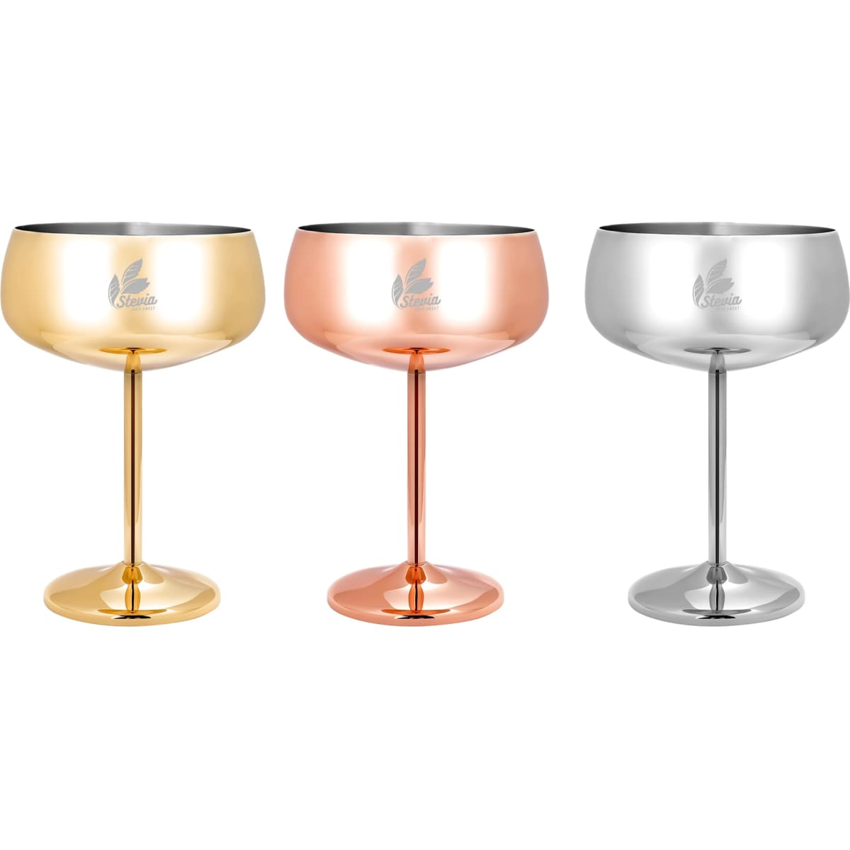 A set of three stainless steel cocktail coupes in gold, rose gold, and silver finishes, each with a pedestal base.