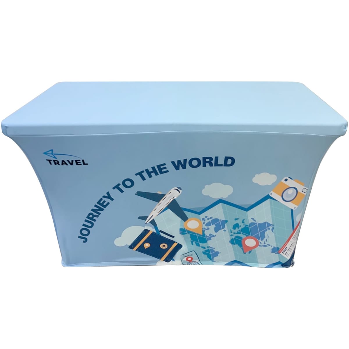 A blue stretch table cover with a zipper, featuring travel-themed graphics and a logo.