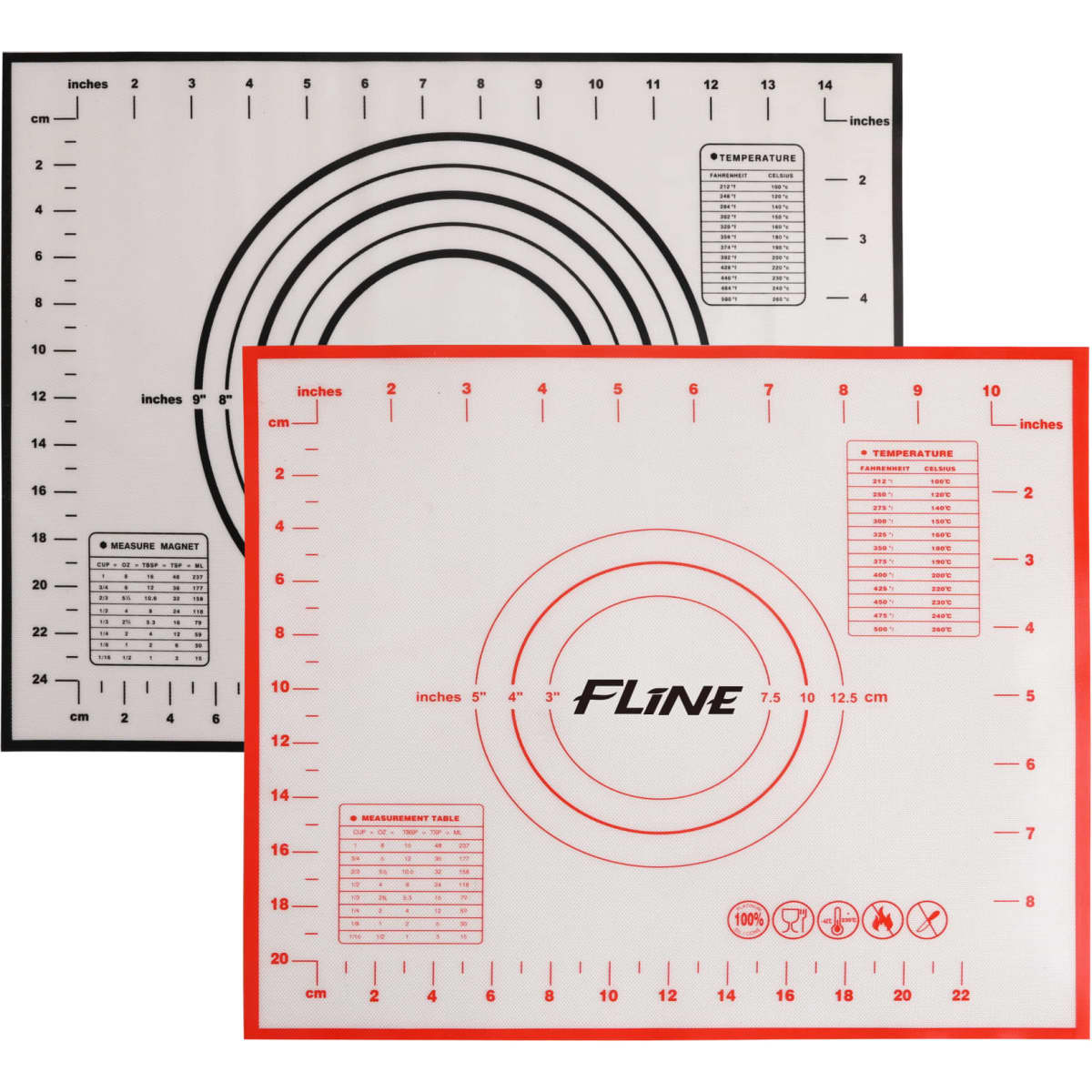 A silicone pastry mat in black and red featuring measurement markings and a logo.