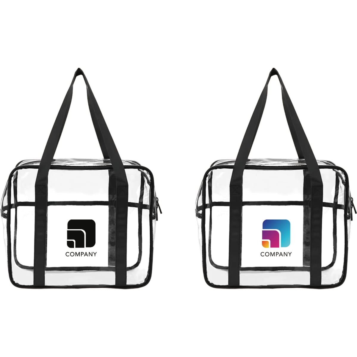 A clear tote handbag with black straps and side panels, featuring different logos on each side.
