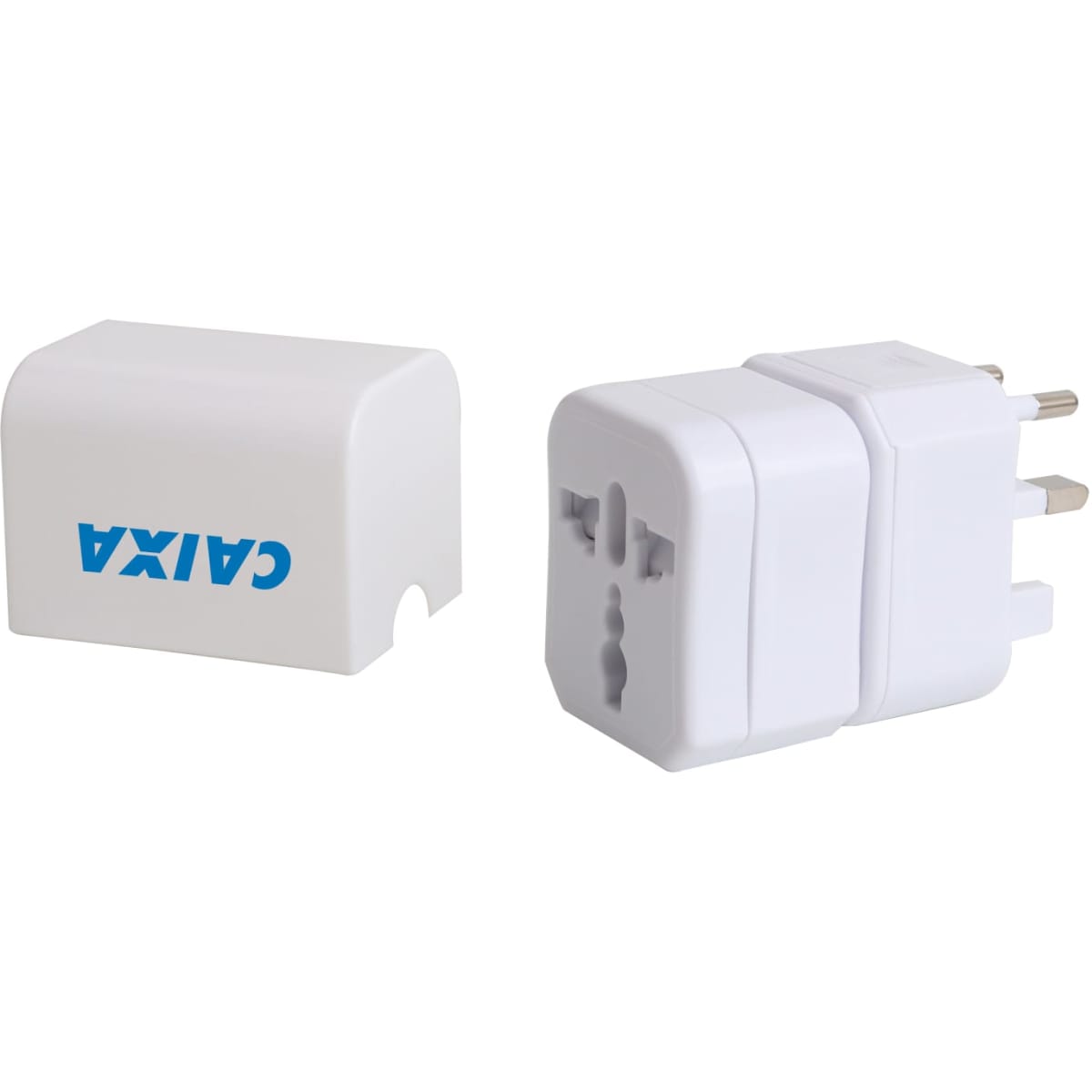 A white universal plug travel adapter set with a compact design and a logo on one side.