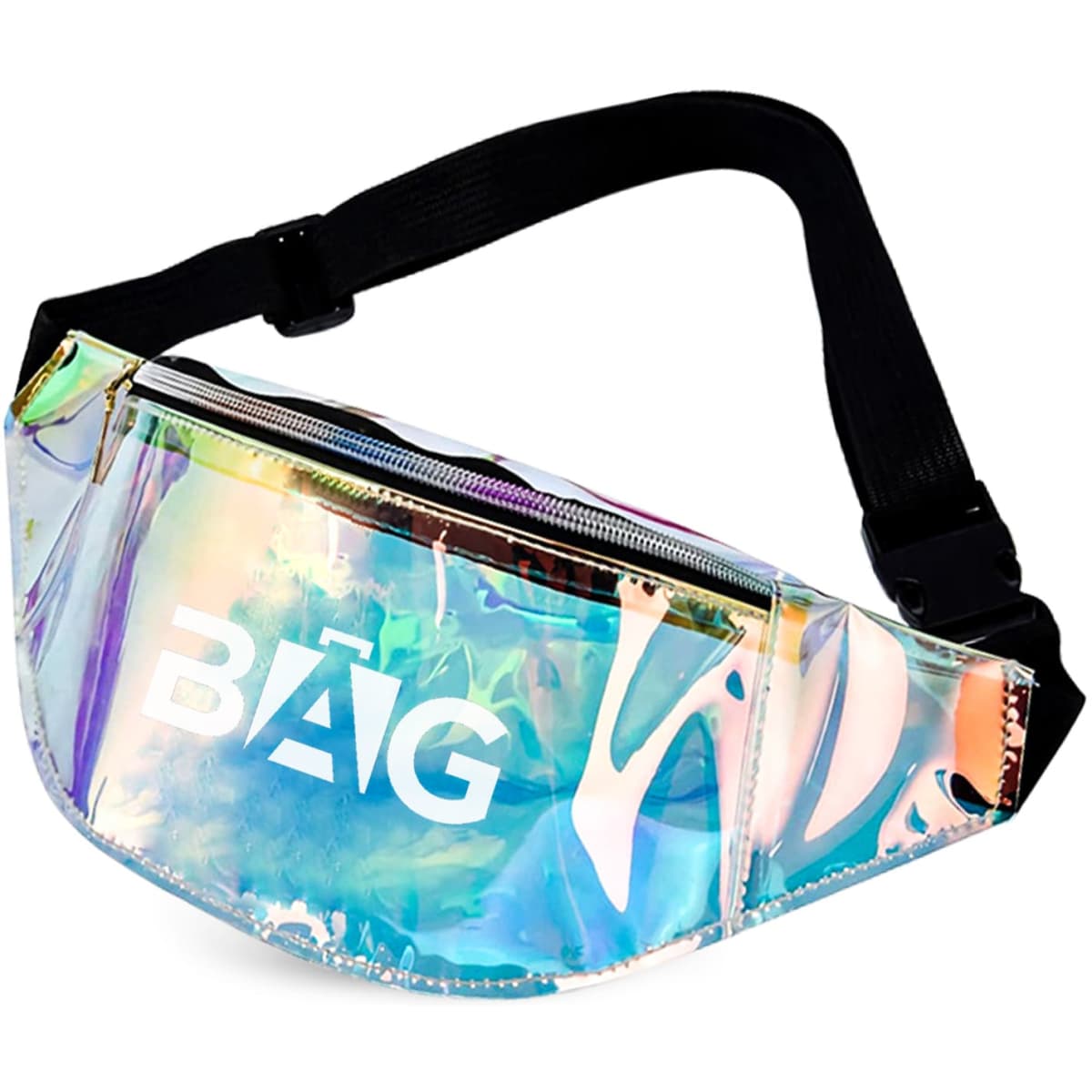 A reflective, iridescent bum bag with a black strap and a zippered compartment, featuring a logo on the front.