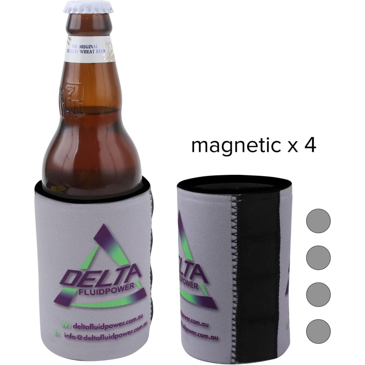 A drink bottle is held in a grey stubby holder with magnets, featuring a logo and a slim design.