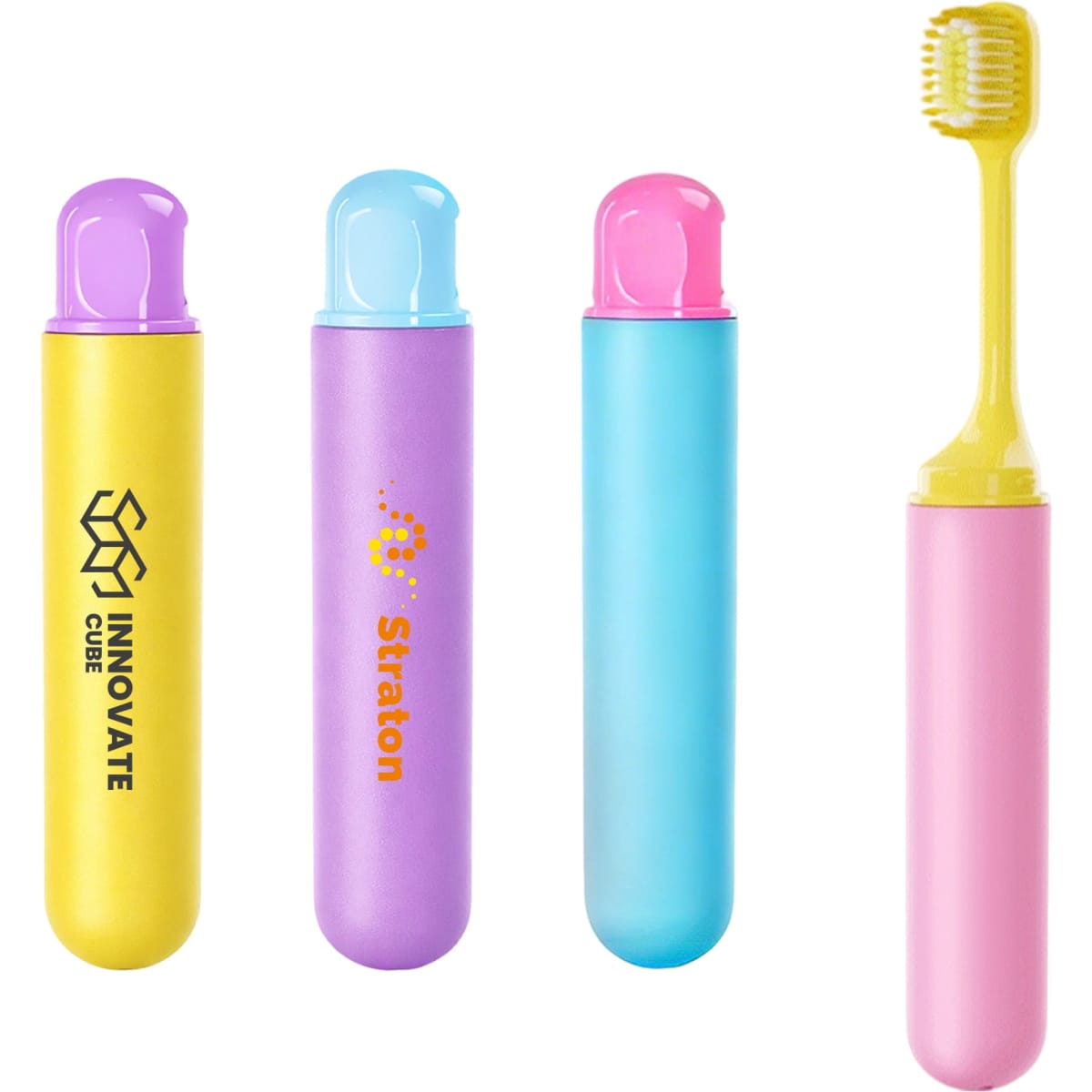 A foldable soft bristle toothbrush in pink, yellow, blue, and purple cases, each featuring a logo.