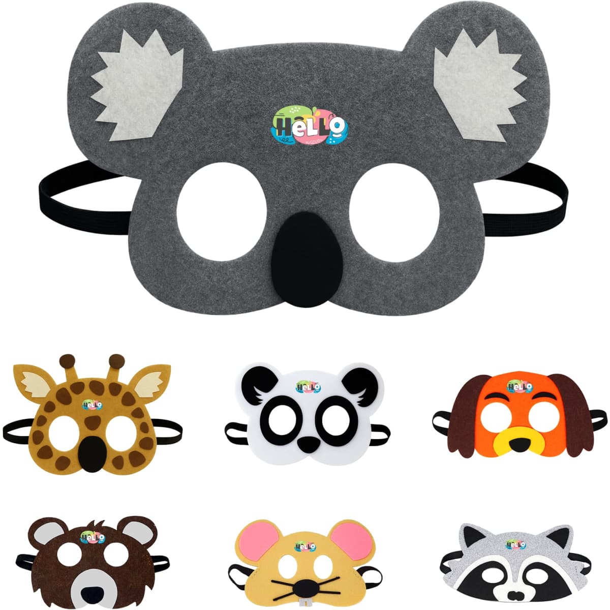 A collection of animal felt masks for kids, including koala, giraffe, panda, dog, bear, mouse, and raccoon designs.