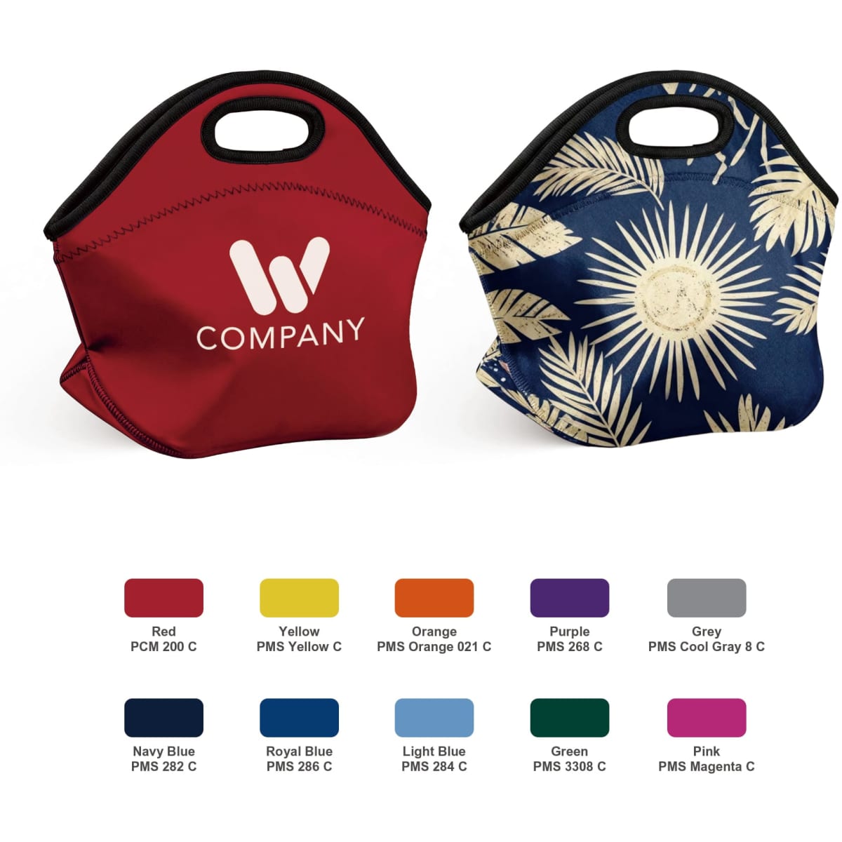 A red and a blue neoprene lunch bag with handles, featuring a logo on the red bag and a floral design on the blue one.