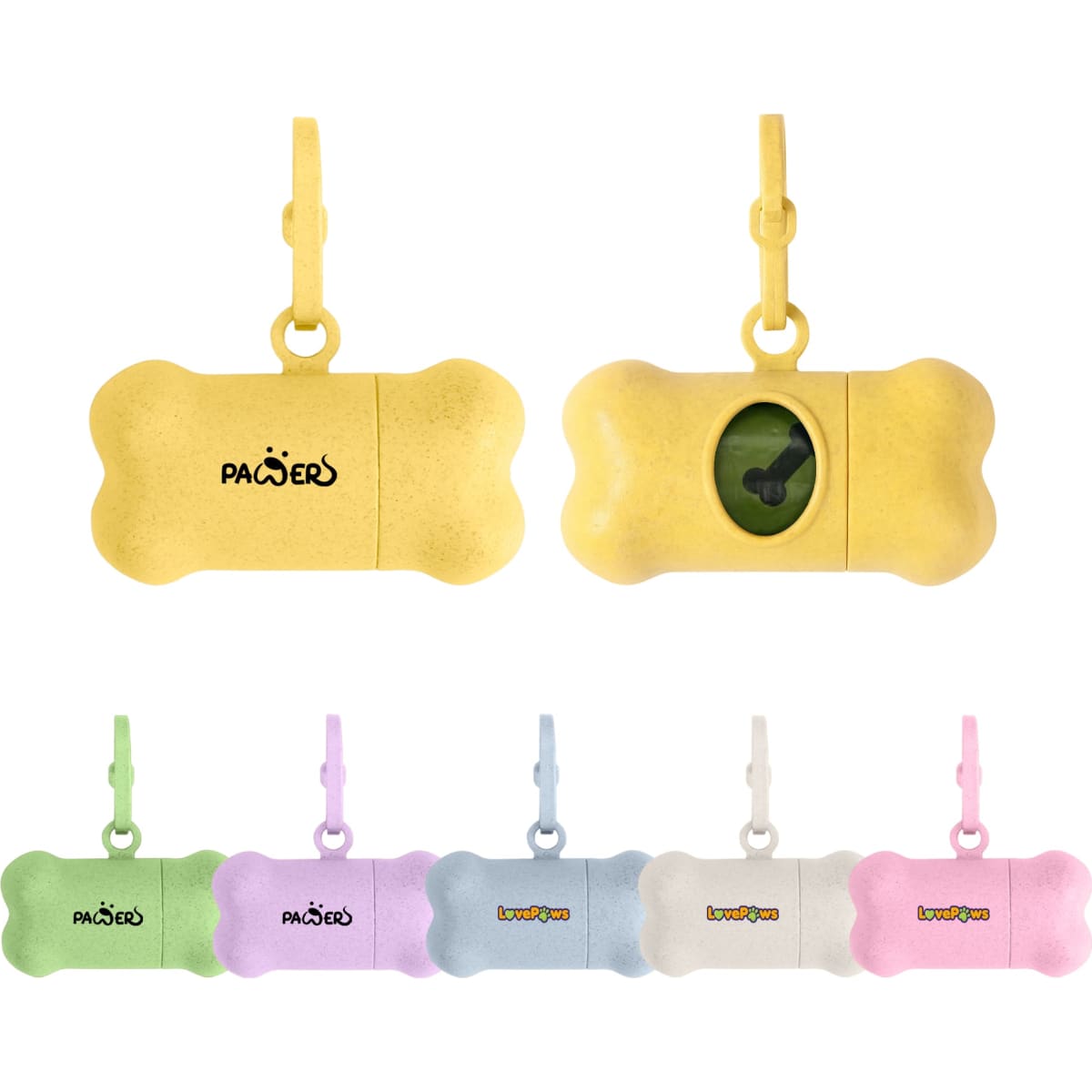 A bone-shaped pet waste bag dispenser available in yellow, pink, blue, and green colours with a clip and logo.