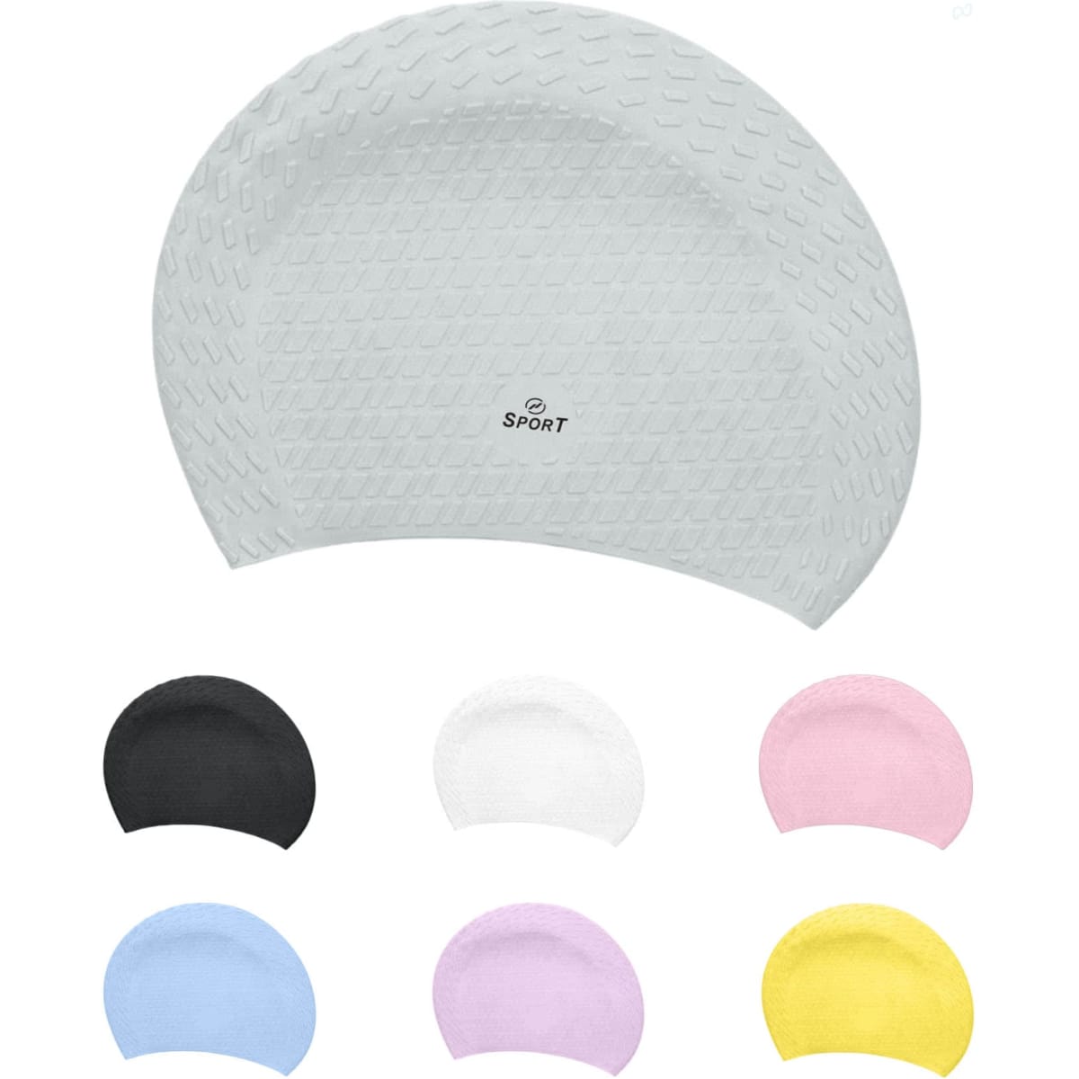 A premium silicone swimming cap in various colours, featuring a textured surface and a logo.