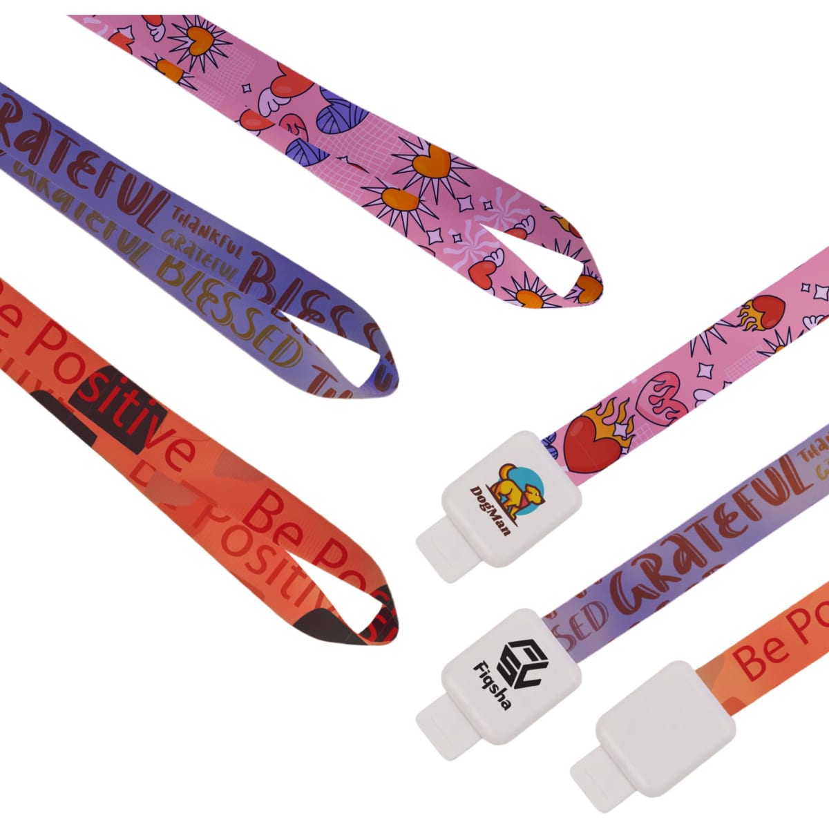A collection of colourful retractable lanyards featuring various patterns and a logo on the clips.